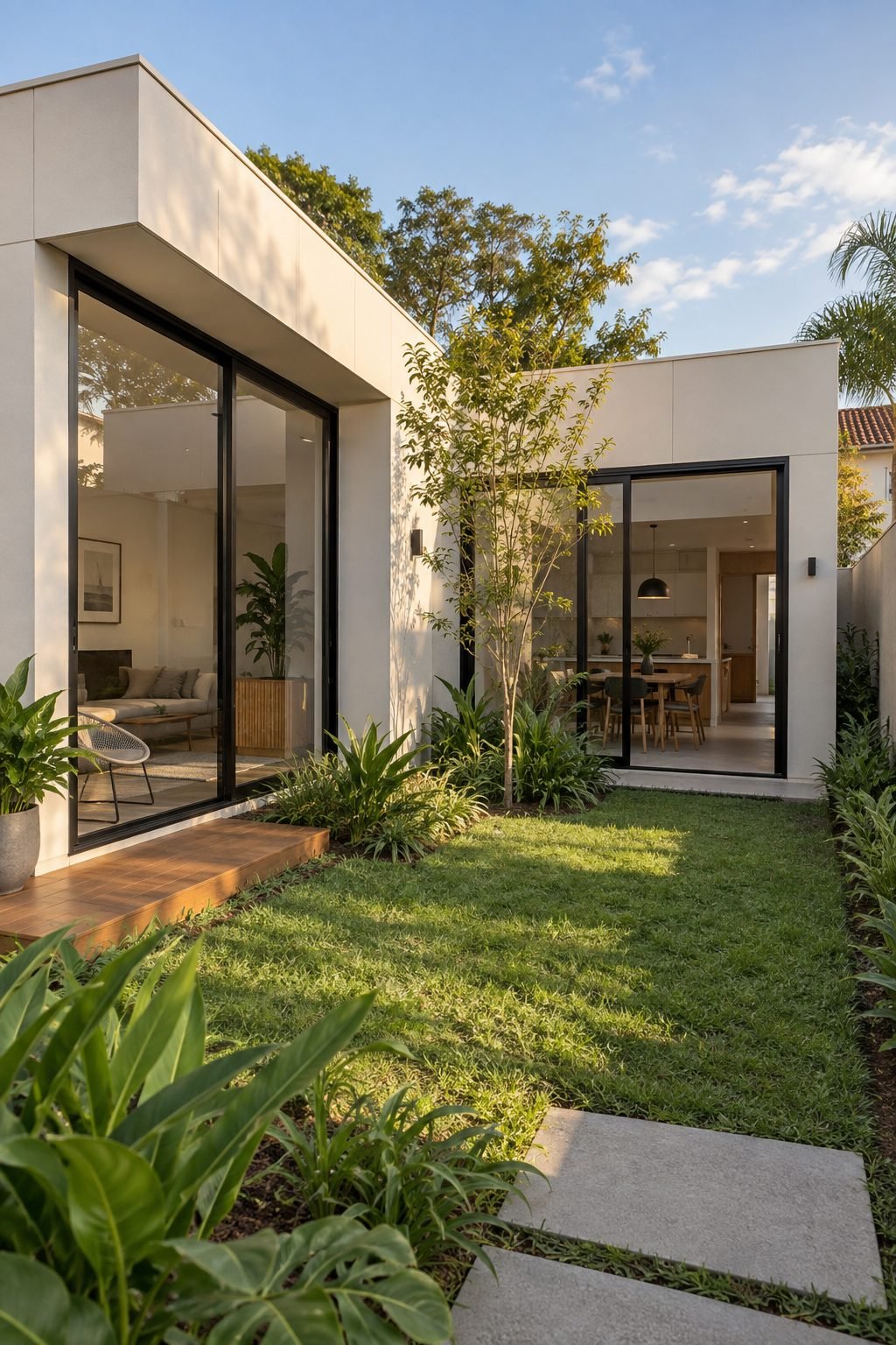 Imagem conceitual de dois volumes modulares organizados em torno de um pátio